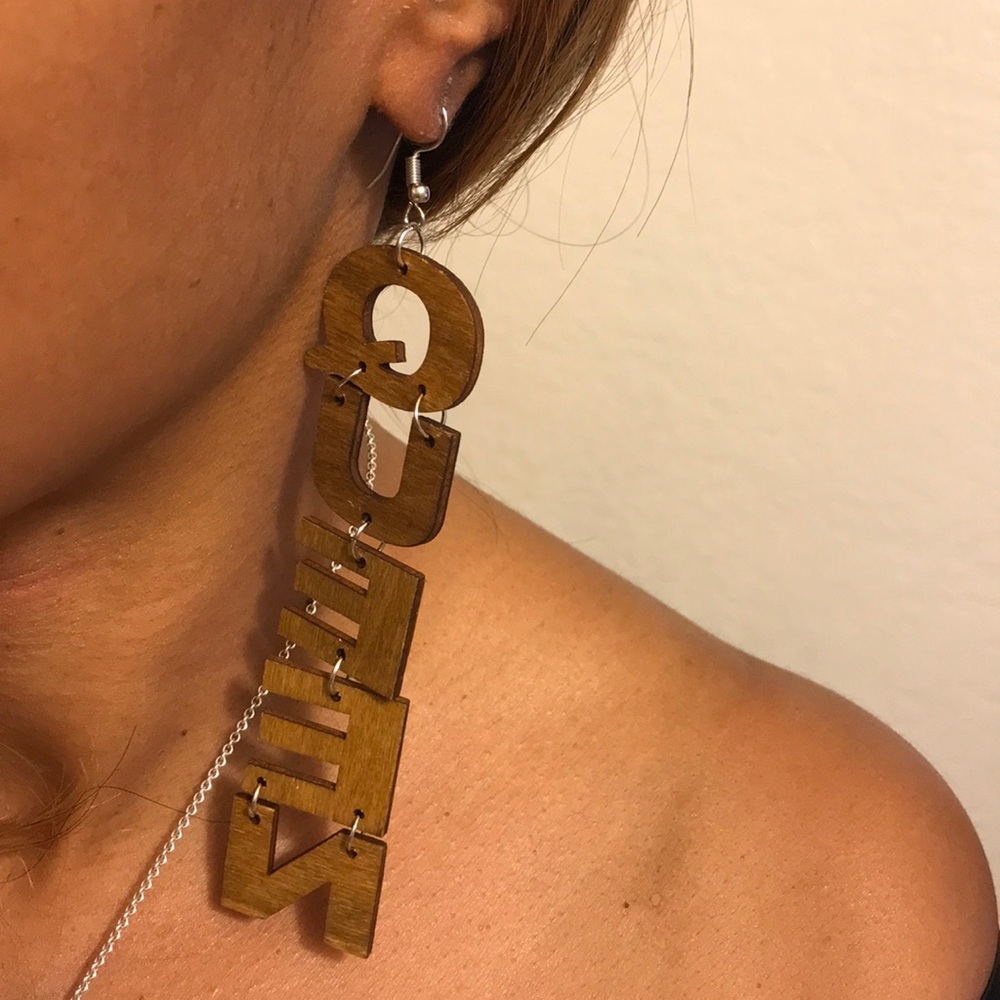 Dangling Drop “QUEEN” Wood Earrings Silver Hook